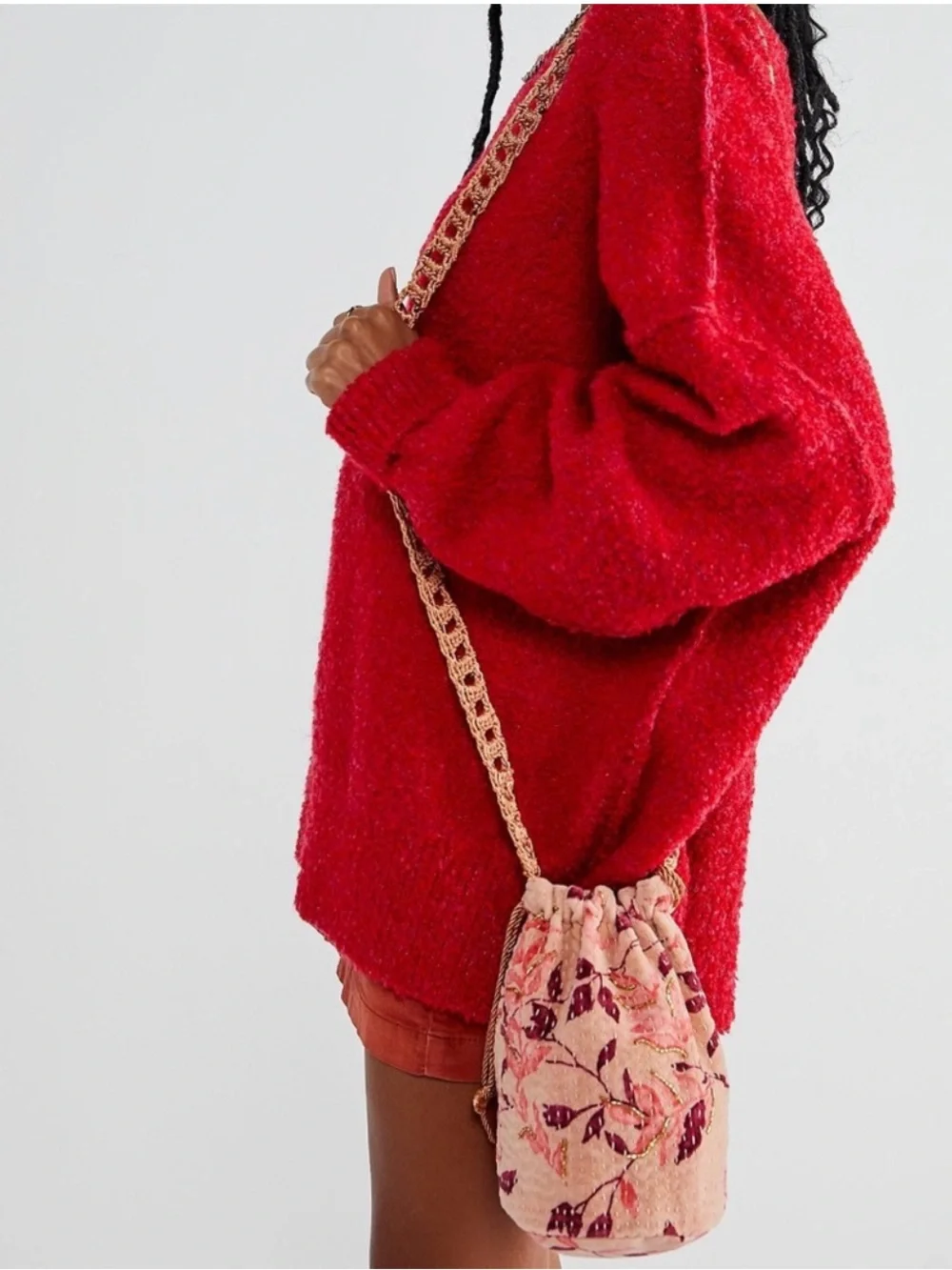 Free People Velvet Moon Crossbody Bag Drawstring Pink Floral Boho Festival